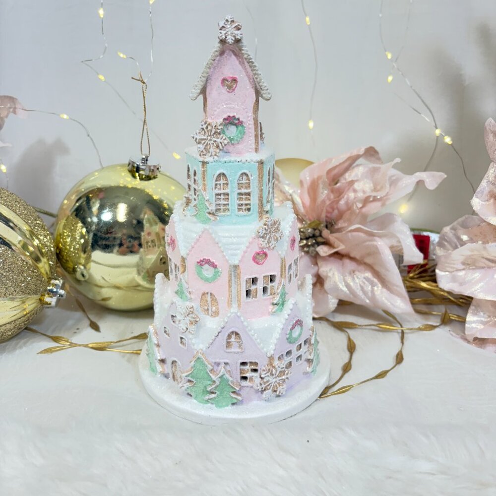 Light up LED Pastel Pink Gingerbread Sugar Castle House Whimsical Christmas New